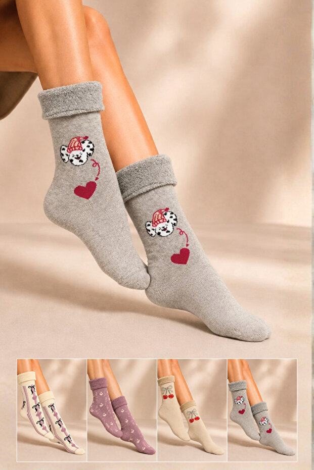 Women's Patterned Curly Terry Socks 4-Piece Socks