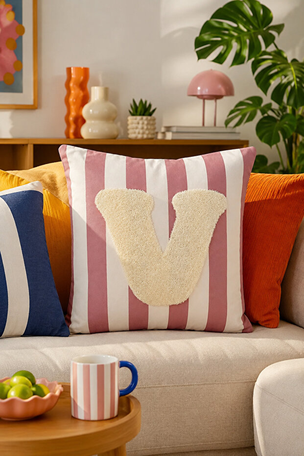 Punch Embroidered Throw Pillow Cover - 43*43 cm - Mocha Letter V - Pnk001