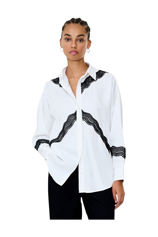 Women Candice Satin Lace Mix Long Sleeve Shirt