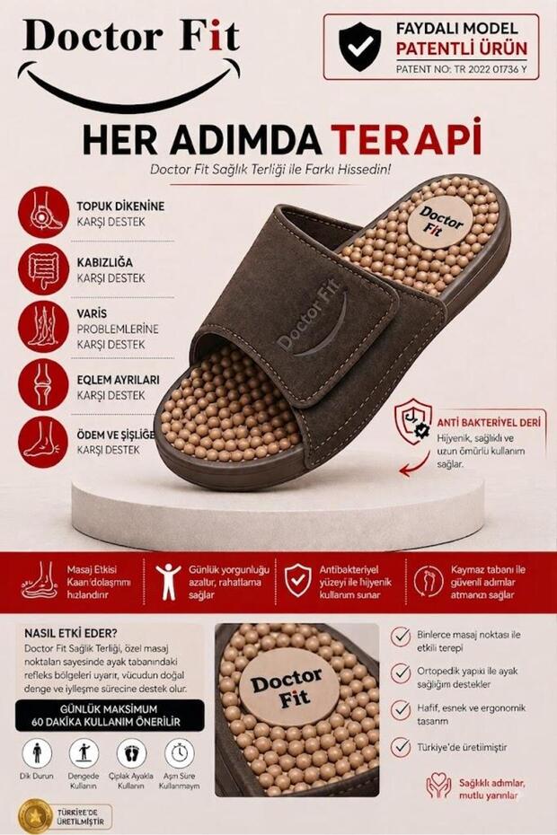Size 42 Unisex Reflexology Relaxing, Acupuncture Massage Slippers Anti-Bacterial Leather Brown