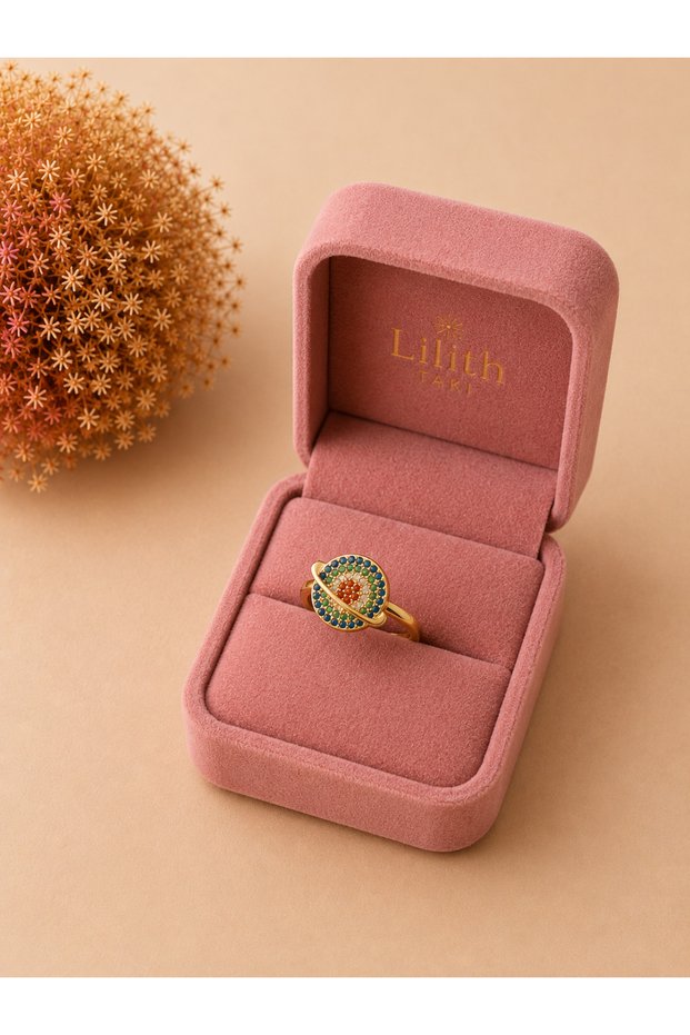 Women's Stress Ring with Saturn Planet Figure and Colorful Stones, Movable Rotating Gold Color Ring