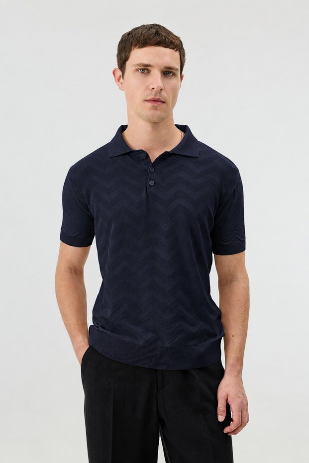 Zigzag Patterned Polo Collar Knitwear Men's T-Shirt