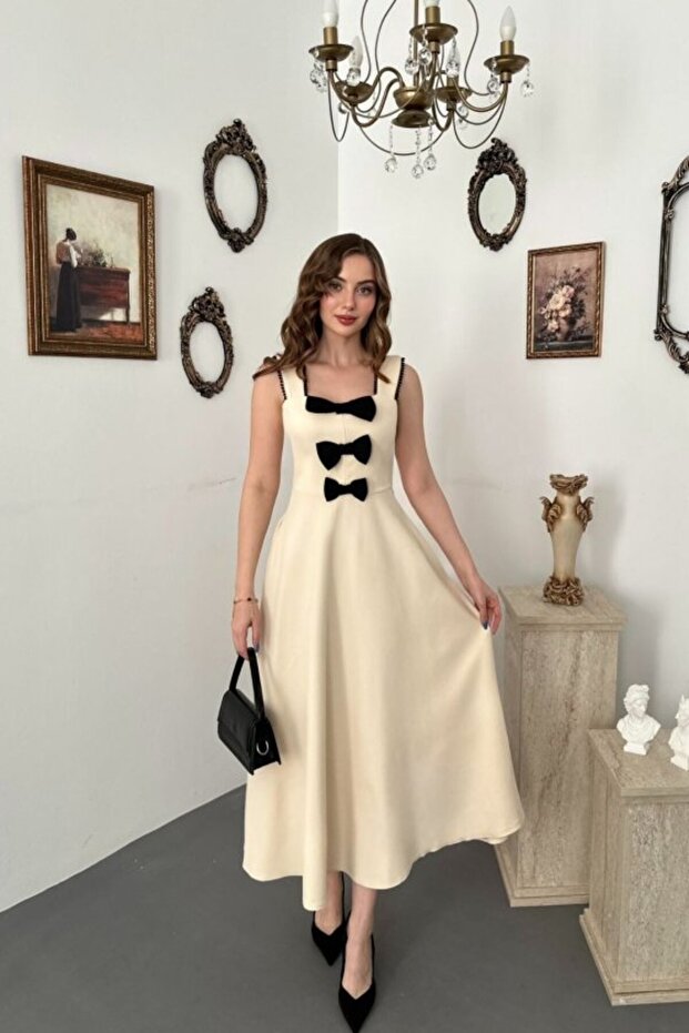 Beige Bow Detailed Embellished Dress