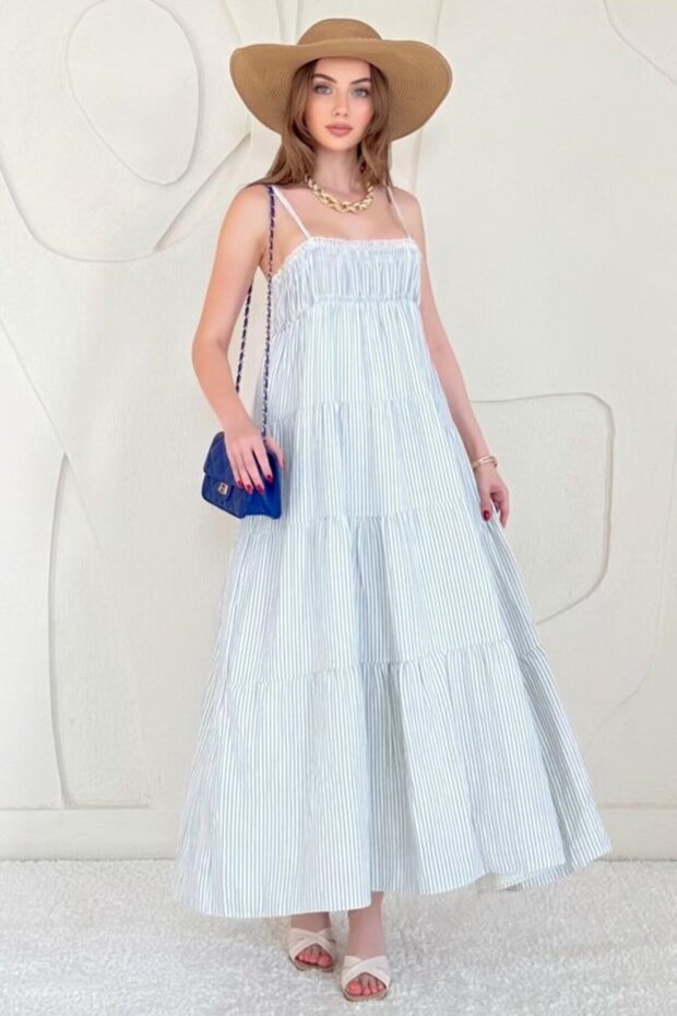Blue Straps Piece Striped Muslin Dress