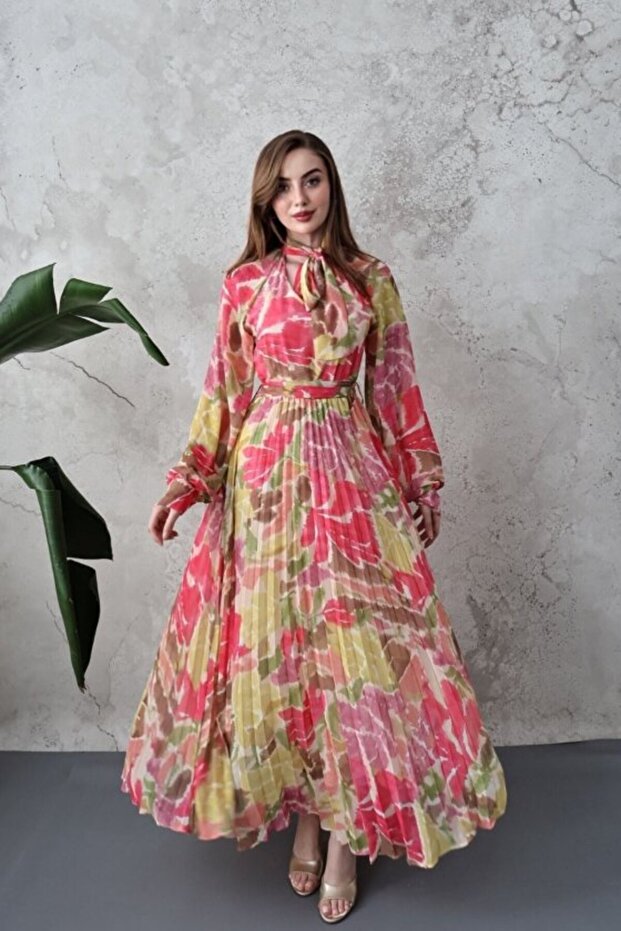 Yellow Patterned Pleated Dress