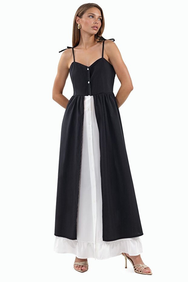 Msn Color Block Square Neck Long Dress