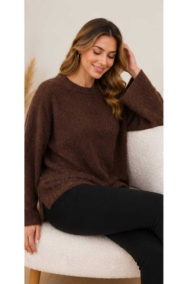 Women's Crew Neck Soft Textured Loose Cut Long Sleeve Knitwear Sweater