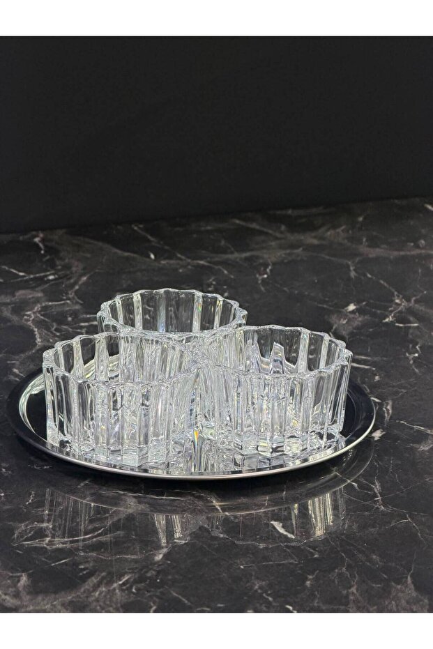 Crystal Silver Nevia Glass Bowl Set – Decorative Snack, Nut, and Dessert Serving Set with Round Tray
