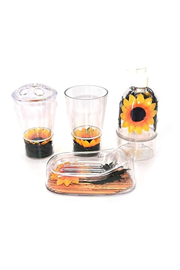 4-Piece Bathroom Accessory Set- Sunflower Series (Soap Dispenser, Desk Dust Bin, Toothbrush Holder And One Soap Dish)
