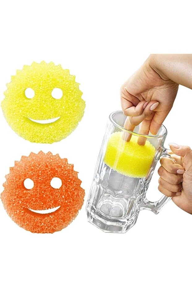 ECVV 4 Pcs Temperature-sensitive kitchen cleaning sponge Soft in Warm Water, Firm in Cold Scrubber for Dishes Home Odor Resistant Deep Cleaning Kitchen Sponge Multi-use-Smile Face Shape