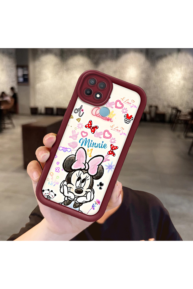 Oppo A15S Compatible Case Camera Protector Minnie Pattern Burgundy Lover Couple Silicone Phone Case