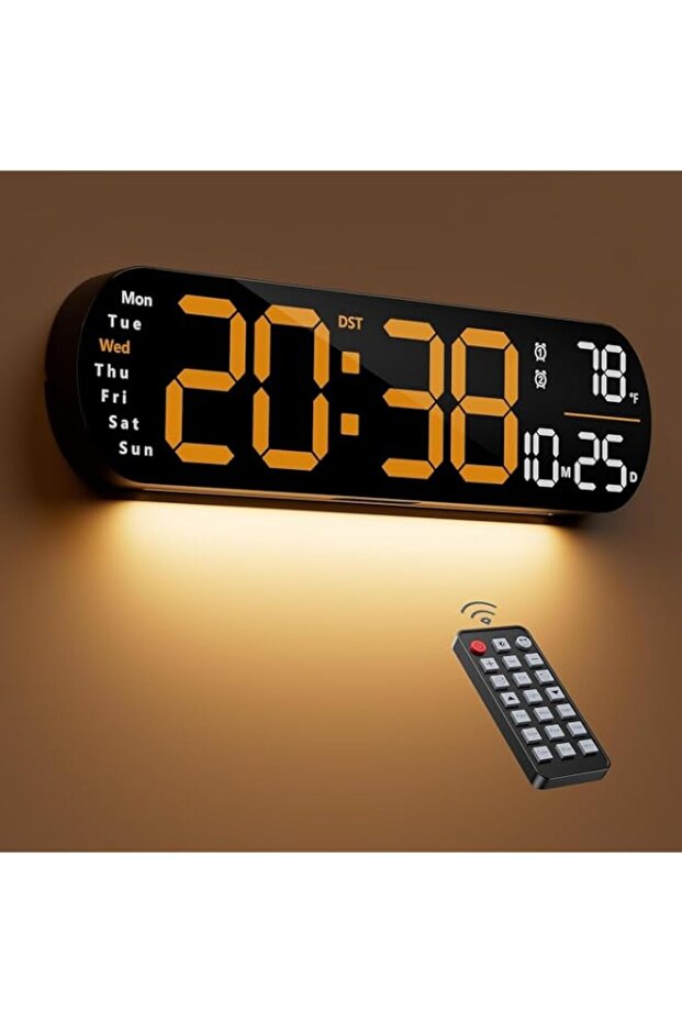 Necomi Digital Wall Clock, Large Display, 14-inch Alarm Clock, with Remote Control, Ambient Light,Ten-speed Automatic Light Sensitivity, LED Digital Clock with Date, Week and Temperature (Orange)