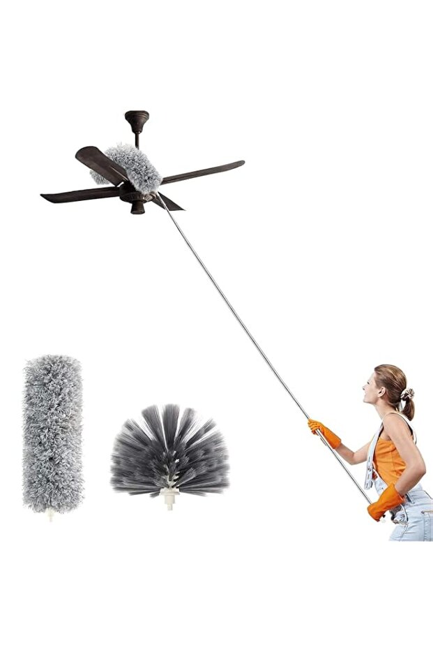 Sulfar Duster with Extra Long Extension Pole | Microfiber & Cobweb Double Replacement Heads | Extendable Duster for High Ceilings, Ceiling Fans & Car Cleaning