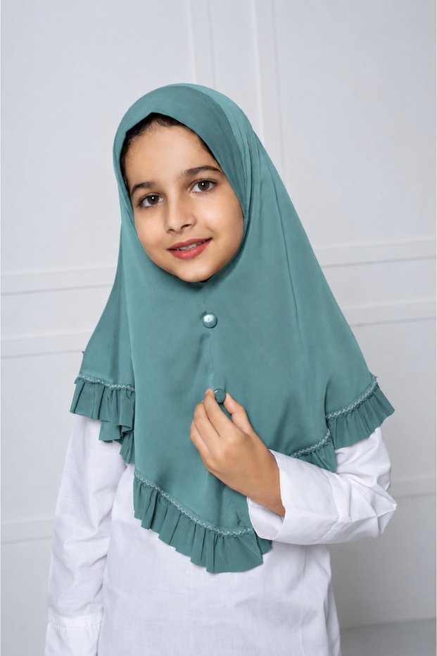 Hijab for Kids – Stylish Modest Islamic Headscarf for Muslim Girls, Ruffle Trim Kids Hijab with Button Front Detail