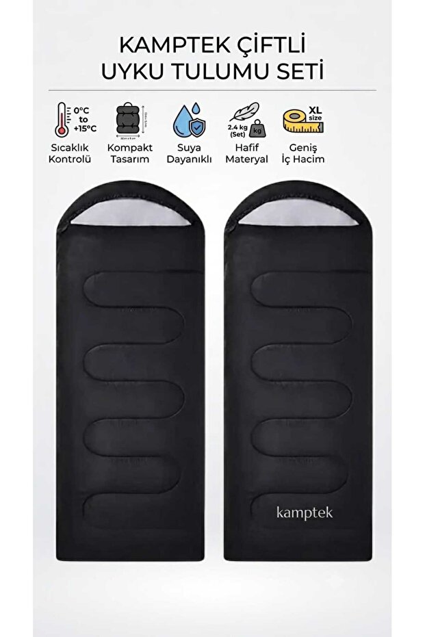 Kamptek Double Sleeping Bag Set | Waterproof, XL Wide, 0 ° C / +15 ° C Camping Sleeping Bag Camping Set Outdoor