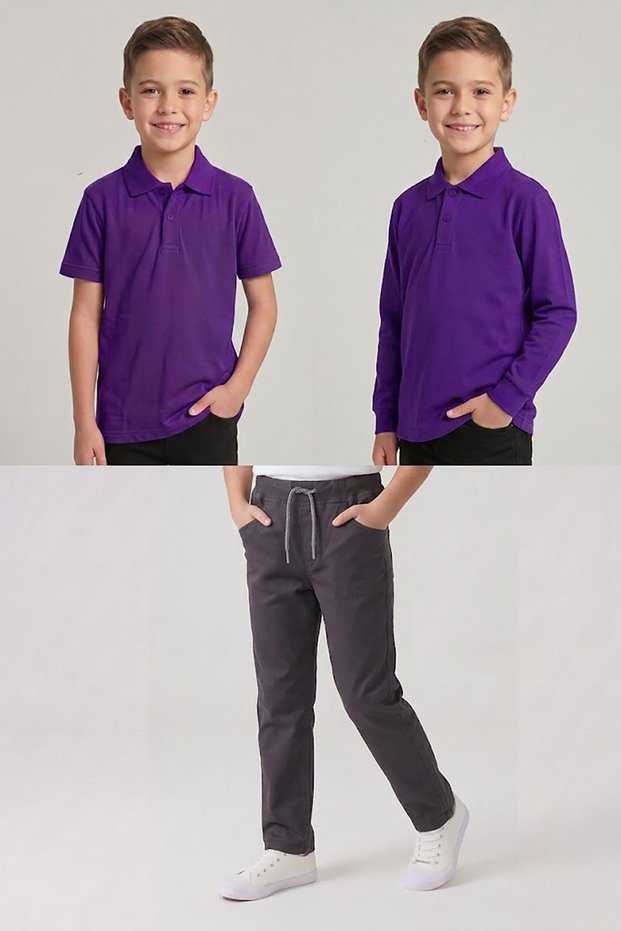 Boys' School Purple Long and Short Sleeve Polo Collar T-Shirt Smoked Ribbed Waist Pants 3-Piece Top and Bottom Set