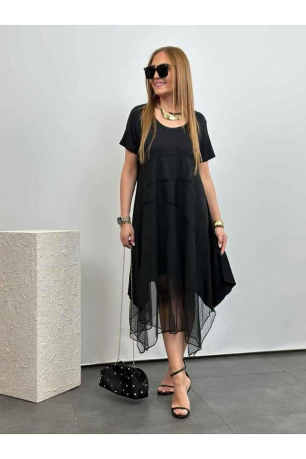 Women's Short Sleeve Round Tulle Asymmetric Detail Viscose Dress