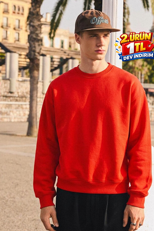 Men's Casual Crew Neck Red Basic Sweatshirt