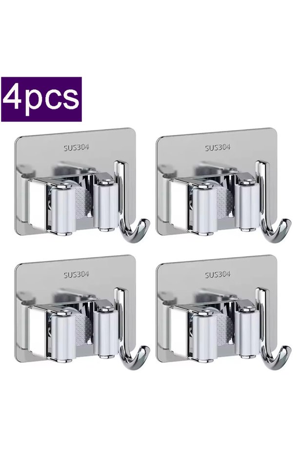 B-sliver-4pcs 304 Stainless Steel Mop Clip Holder Bathroom Punch-free Mop Broom Brush Hanging Rack S