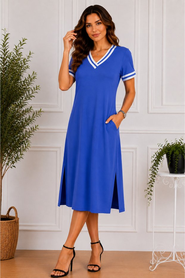 Women's Short Sleeve V-Neck Ribbed Detailed Slit Midi Length Viscose Dress, Casual, Comfortable Dress