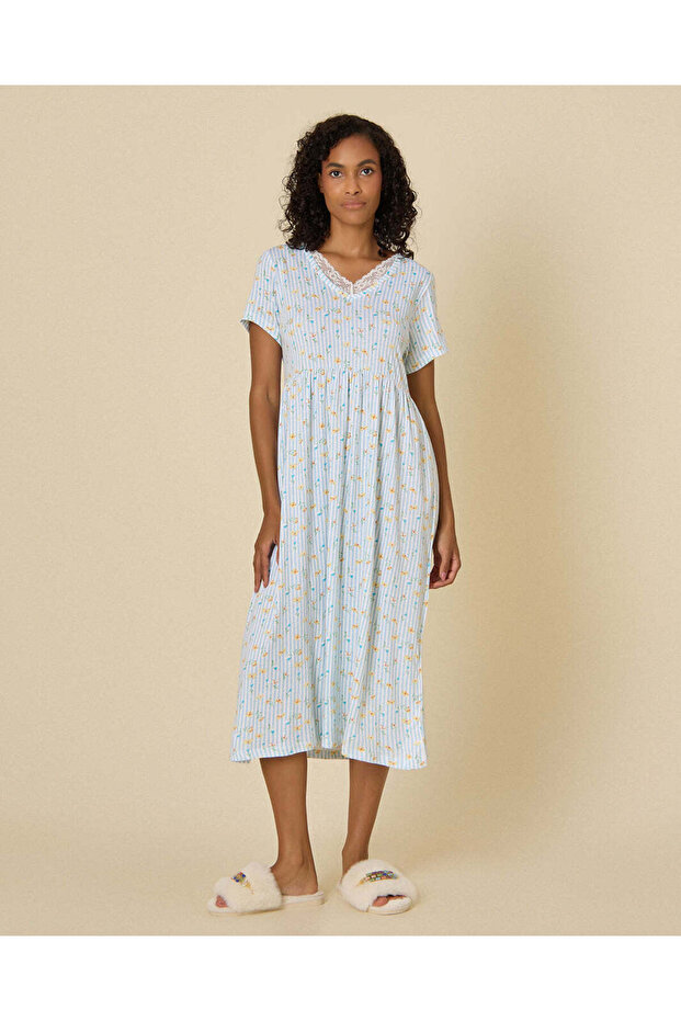 Women Blue Printed V Neck Nightgown
