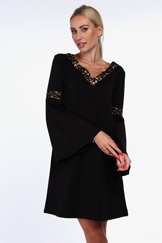 Ispanyol Kol Baskılı Şeritli Midi Elbise - 1