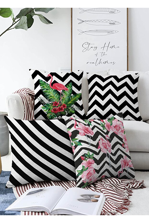Double Sided Flamingo and Black and White Geometric Patterned 4-Piece Modern Raschel Pillow Throw Pillow Cover Set