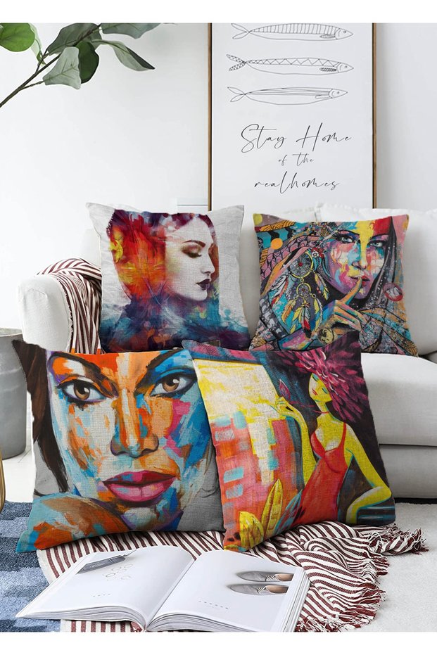 Double Sided Abstract Water Color Illustrated Fashion Girl Designed 4-Piece Raschel Knitted Throw Pillow Cover Set