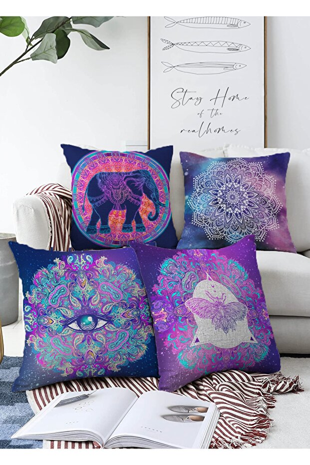 4-Piece Double-Sided Raschel Knitted Throw Pillow Cover Set with Damask Print on the Sky Ground