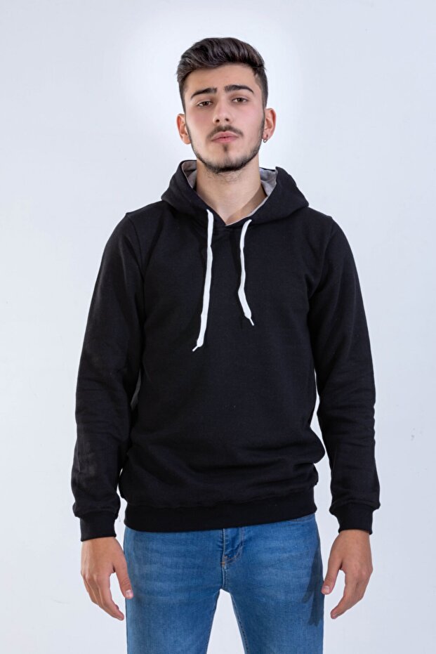 Unisex Siyah Basic Kapşonlu Sweatshirt - 1