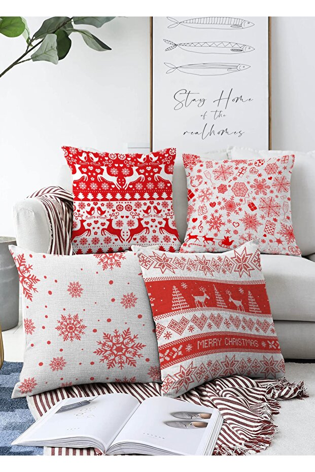 Double Sided Red White Christmas Deer And Snowflakes 4-Piece Raschel Knitted Pillowcase Set