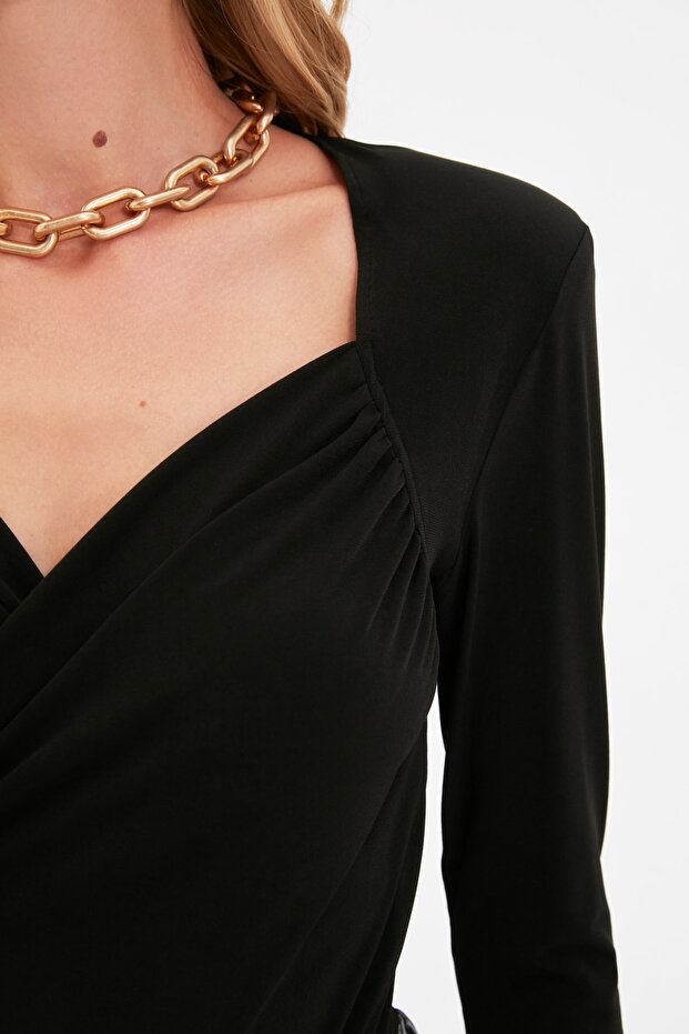 Siyah Vatkalı Drape Detaylı Fitted/Vücuda Oturan Esnek Çıtçıtlı Örme Body TWOAW22BD0156 - 7