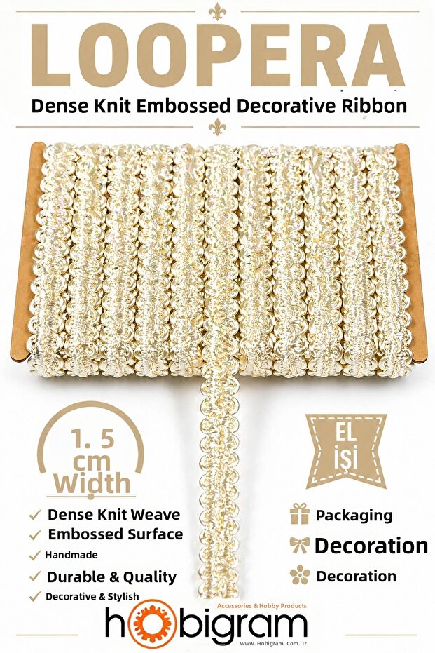 Bright Cream Loopera Dense Knit Embossed Decorative Ribbon – Premium Handcrafted Ornament 5 Meters