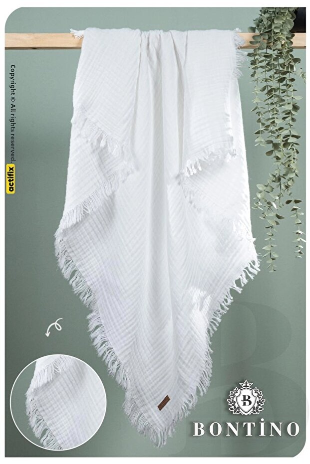4 Layer 100% Cotton Muslin Baby Blanket with Fringes, Multi-Purpose 110X90 cm