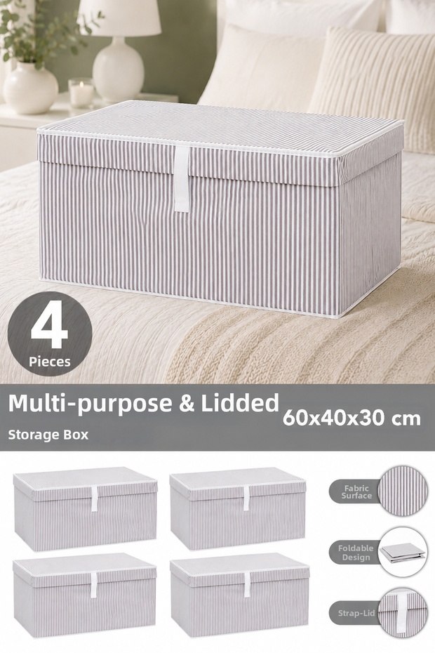 Set of 4 Multi-Purpose Storage Boxes with Lids Organizer Mega 60 X 40 X 30 cm Gray