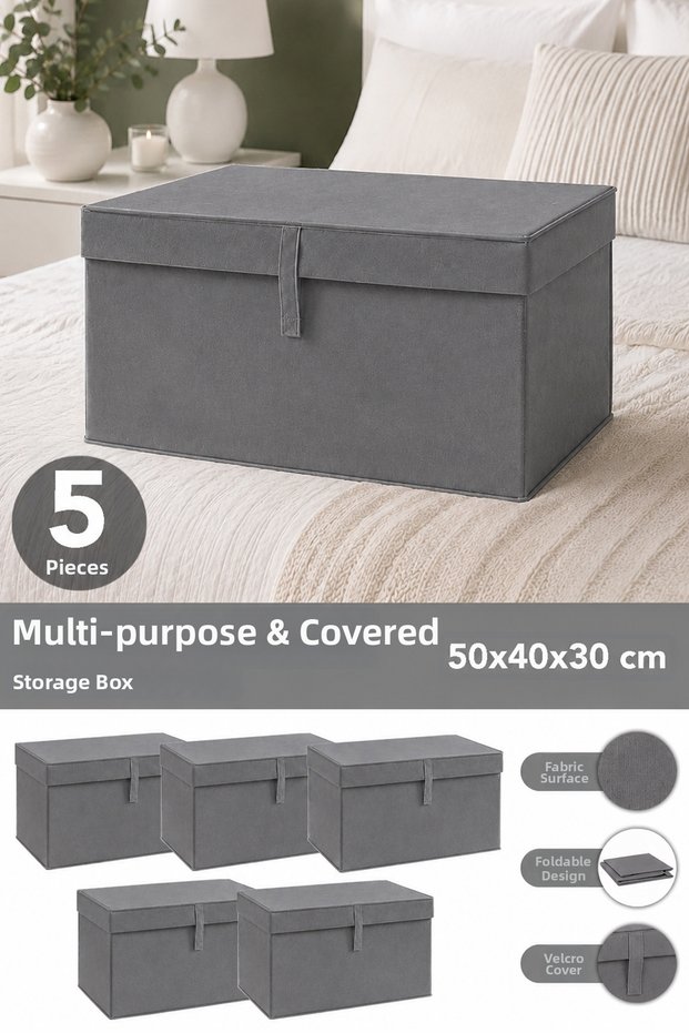 Set of 5 Maxi Size Storage Boxes - Multi-Purpose Organizer Storage Box with Lid 50X40X30Cm Anthracite