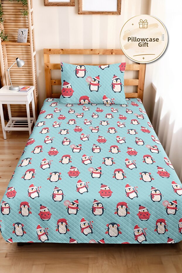 طقم سرير مفرد للأولاد من Penguin Blue - غطاء سرير بنمط شتوي مقاس 160x220 سم