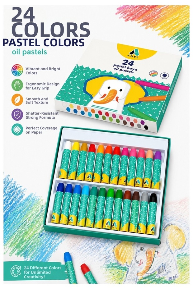 Pastel Crayons 24 Colors 1 Pack Adel Pastel Crayons 24-Piece Carton Boxed Bright Vibrant and Covering Colors School