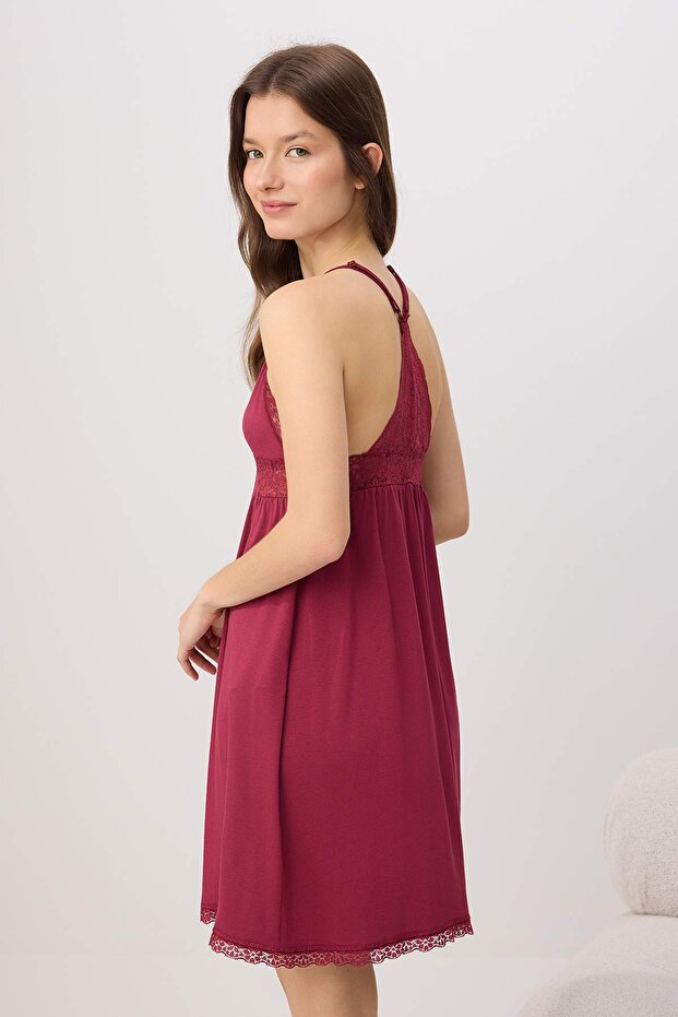 Bordo Dantelli Sırt Detaylı İp Askılı Viskon Örme Gecelik THMSS20GC0014 - 4