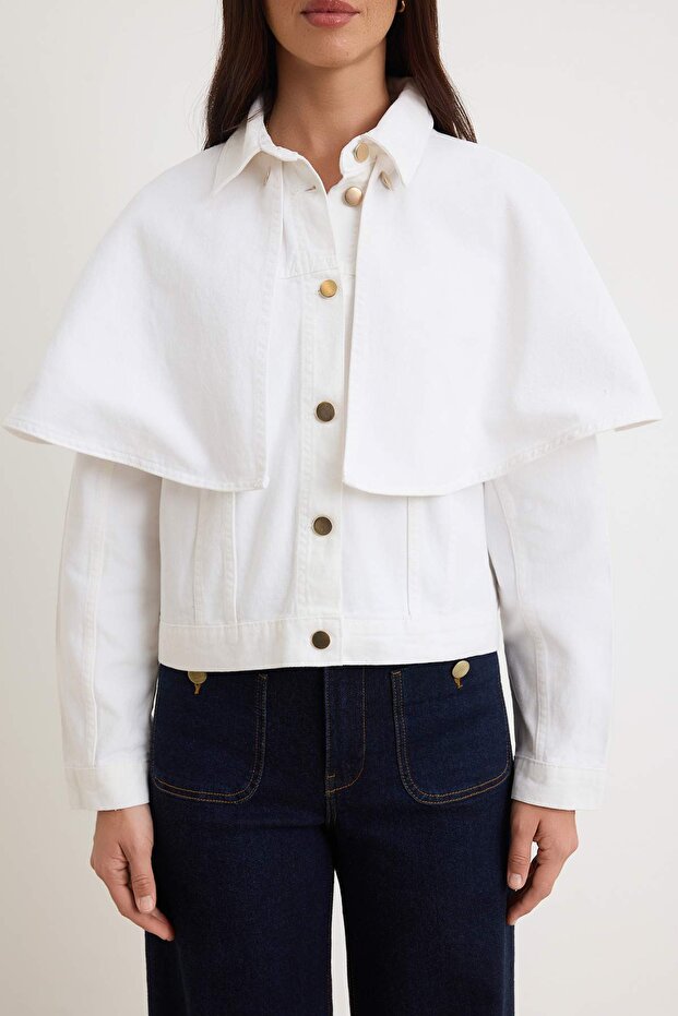 Beyaz Çıkarılabilir Pelerinli Denim Panço Ceket TWOAW26CE00001 - 3