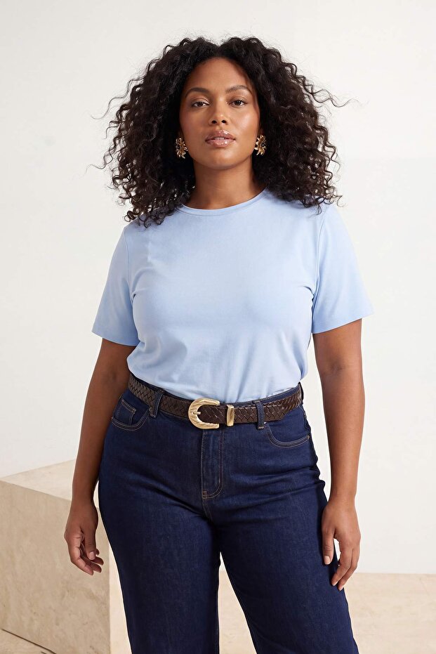 Kahverengi-Beyaz-Mavi 3'lü Paket Oversize Basic Büyük Beden T-shirt TBBSS26BF00025 - 4