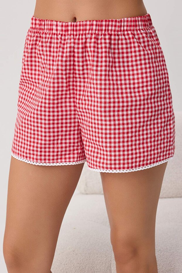 Kırmızı Pötikareli Kalp Dantel Detaylı İpliği Boyalı Dokuma Pijama Takımı THMSS26PT00194 - 4