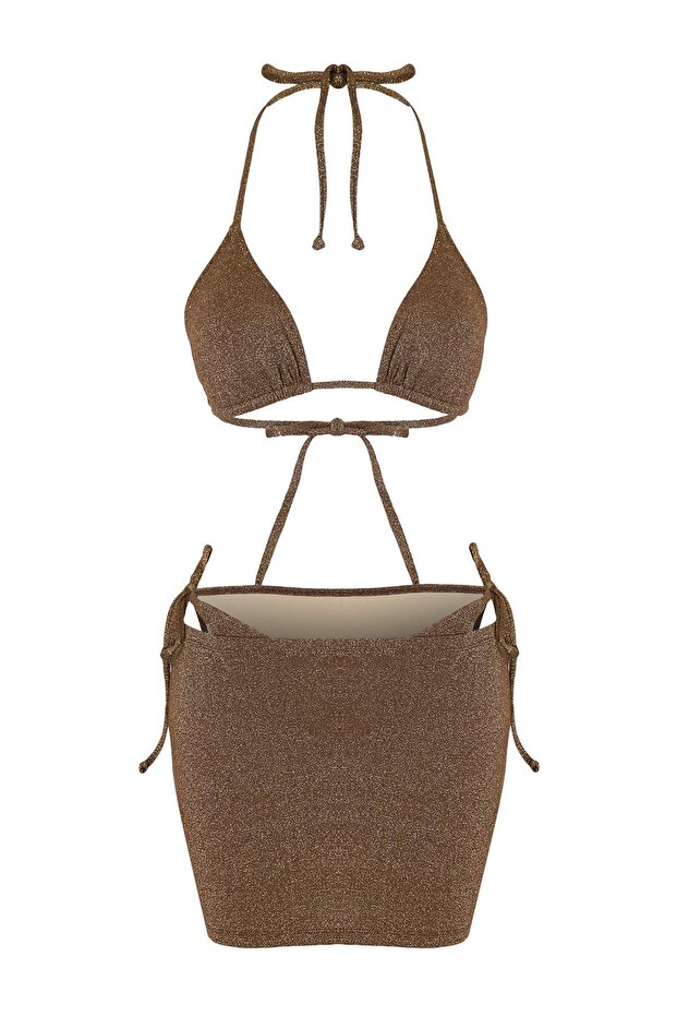 Kahverengi Simli Üçgen Kaplı 3'lü Set Bikini Takımı TBESS26BT00186 - 3