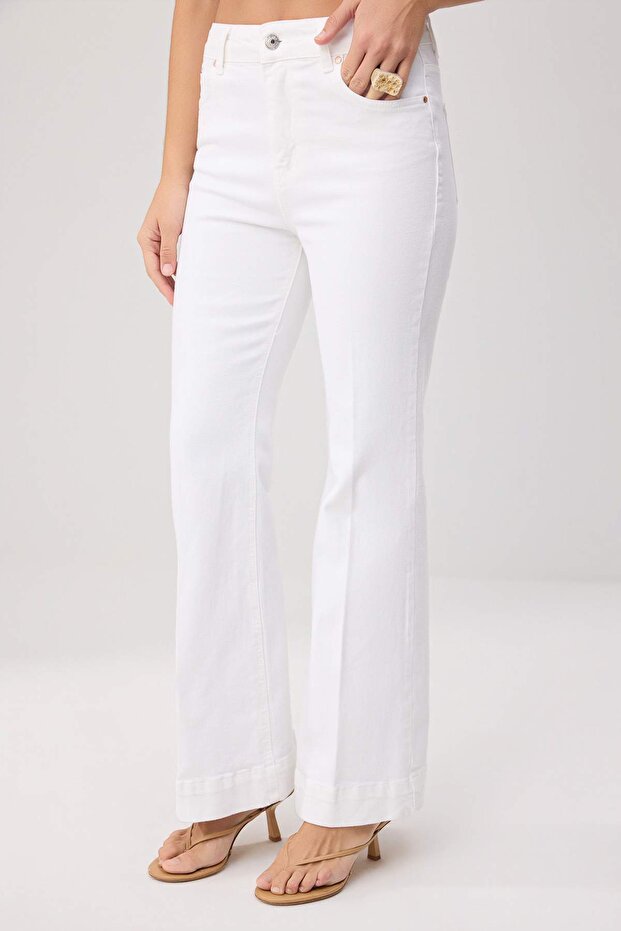 Beyaz Yüksek Bel Ütü İzli Az Esnek Wide Leg Jeans TWOSS26JE00191 - 3