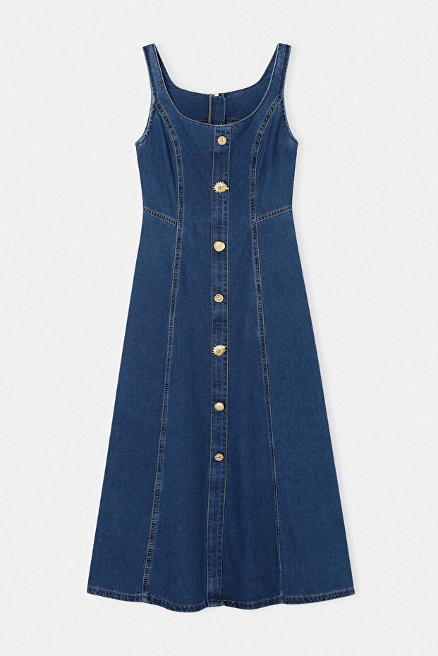 Lacivert Düğme Detaylı Askılı Maxi Denim Elbise TWOSS26EL00952 - 5