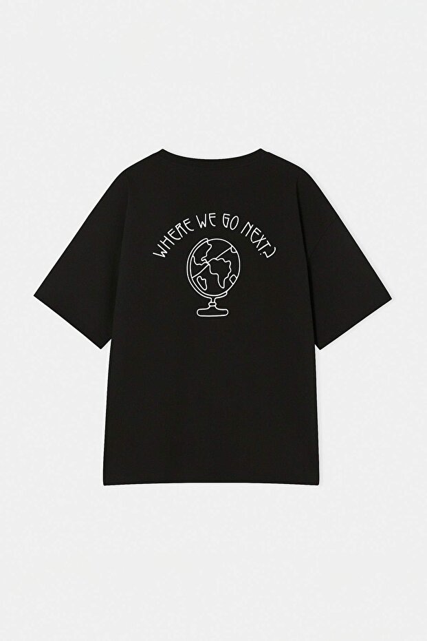 Siyah %100 Pamuk Sırt Baskılı Oversize Kesim Bisiklet Yaka Örme T-Shirt TBBSS24BF00025 - 8