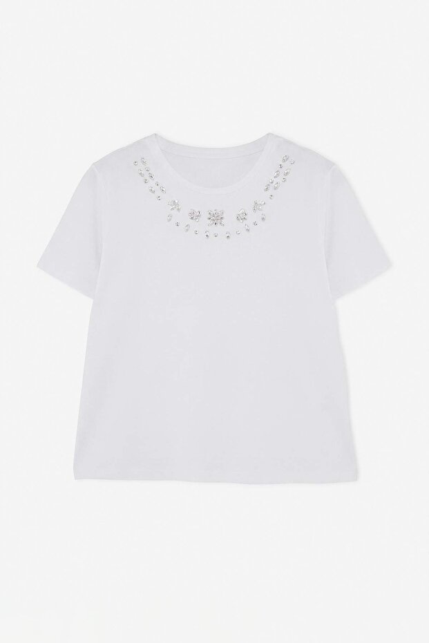Beyaz Regular/Normal Kalıp Aksesuar Detaylı Tok %100 Pamuk Örme Büyük Beden T-Shirt TBBSS26BF00064 - 5