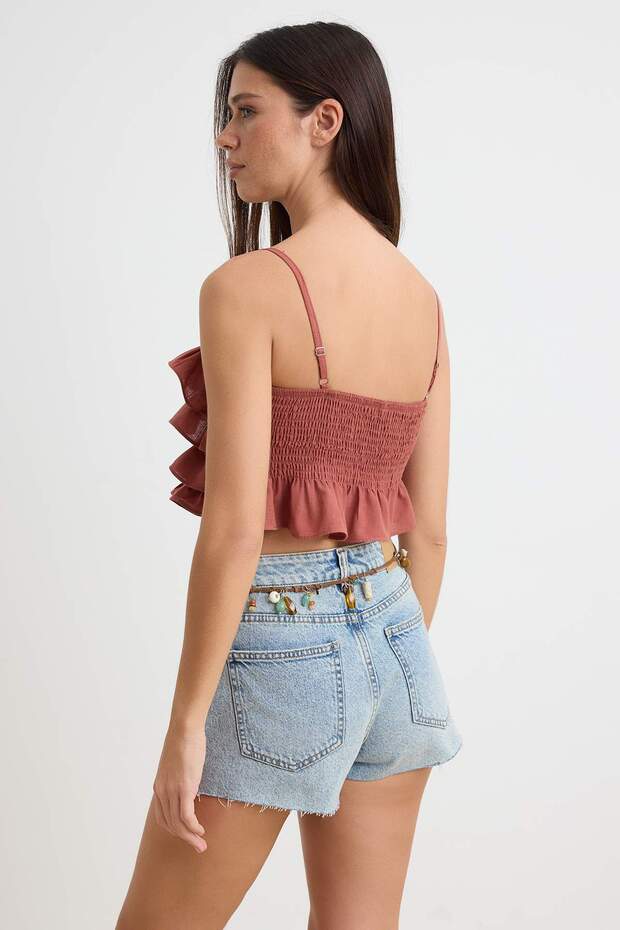 Kahverengi Dokuma Fırfırlı Plaj Crop Bluz TBESS21BZ0661 - 4