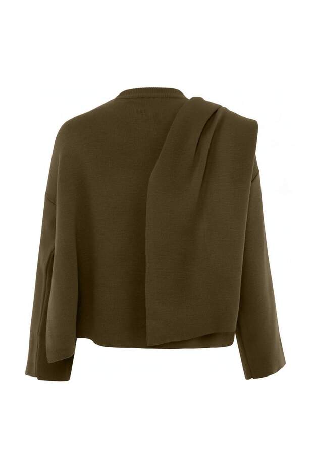 Haki Vücut Seçmeyen Süper Oversize/Geniş Kalıp Şal Detaylı Panço Triko Kazak TWOAW26KZ00160 - 3