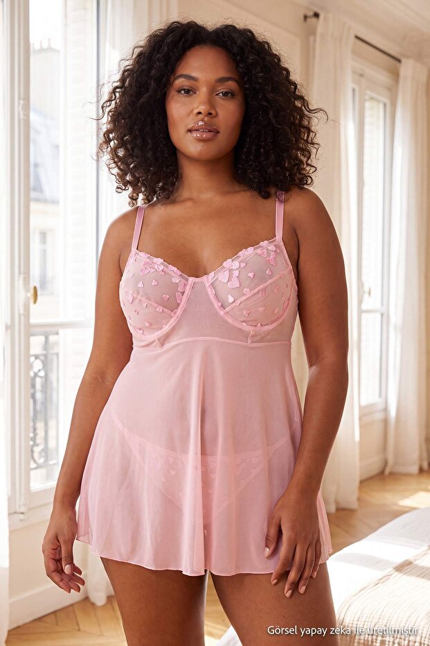 Pink Capless Underwire Panties & Babydoll Plus Size Set Tbbss26Dh00016